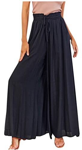 ALCRISP Hose Damen Sommer High Waist Plissee Palazzo mit Gummizug Weites Bein Chiffon Freizeithose Elegante Einfarbig Marlenehose für Frauen, Schwarz, L