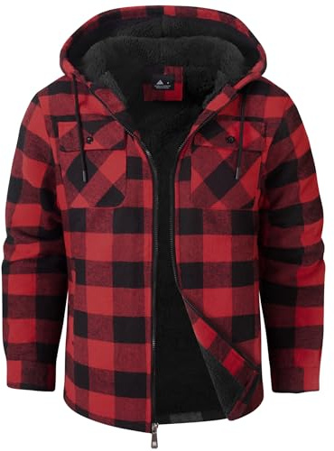 SwissWell Herren Hemdjacke Verdicken Karierts mit Reißverschluss Flanelljacke Plüschfutter Freizeit Gefüttert Kapuzenpullover Männer Winter Hemd Fleece Hoodie Winterjacke mit Taschen(Rot XL)