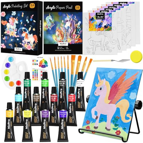 Nicpro 34PCS Painting Set with Pattern Canvas, Art Painting Supplies Kit with 12 Acrylic Paints,10 Brushes,6 Canvas Panels,Table Easel,Paper Pad,Color Wheel,Palette for Beginner Student Toddlers