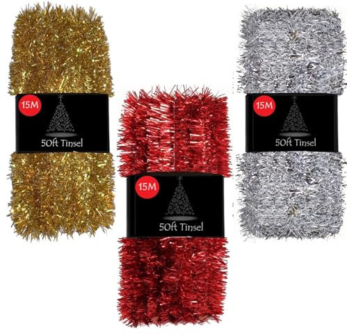 50ft Tinsel Garland For Christmas Tree Decorations Xmas Thick Metallic Sparkly Foil Long Wide Stairs Crafts (Red)