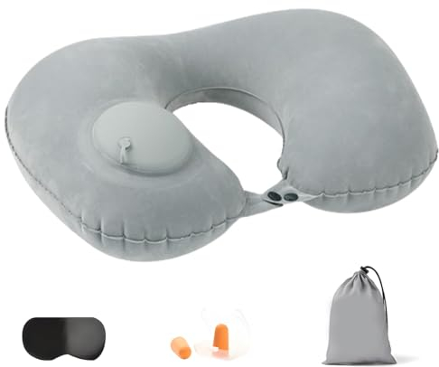 Teegxddy Nackenkissen Aufblasbar - Nackenkissen Flugzeug - Nackenkissen - Nackenkissen Reise - Set Enthält: 1 Stück Aufblasbares Kissen, 1 Stück Augenmaske, 1 Paar Ohrstöpsel(Grau)