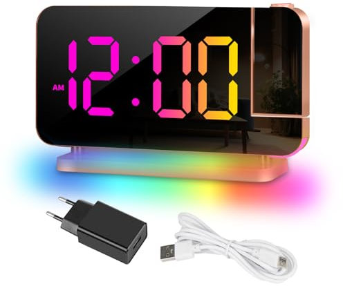 Exmate Réveil à Projection, Réveil Projecteur LED RGB Coloré, Horloge numérique Affichage Auto Dimming Volume Réglable avec projecteur Rotatif à 180°, veilleuse, 2 USB C (Or Rose avec Adaptateur