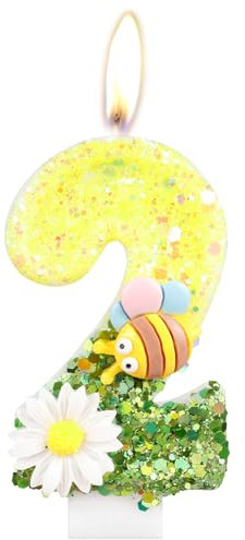 Honey Bee and Flower Birthday Candles Numbers 2, Personalised Birthday Decoration 2 Year Boy Girl Yellow Candles Birthday Decorations for Children's Birthday Candles with Bee Motifs