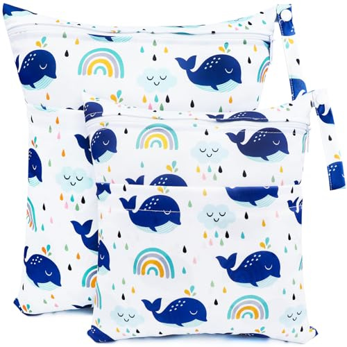 CHEESANHERR Borsa per Pannolini Lavabile, 2 Pcs Wetbags, Borsetta Porta Organizzatori Impermeabile Riutilizzabile, Neonato Sacchetto del Pannolino con Doppia Cerniera Viaggi Gym (Balena Bianca)