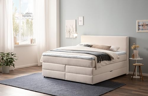 Belanoti Loft Boxspringbett 180x200 mit Bettkasten 7-Zonen Taschenfederkern Matratze inklusive Visco Topper Bett 180x200 in der Farbe Beige H2 und H3 Polsterbett mit Stauraum
