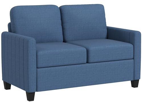 HOMCOM 2 Seater Sofa, Channel Tufted Modern Fabric Couch, Comfy Upholstered Small Sofa Loveseat with Spring Cushion, Back Pillow, for Living Room, Bedroom, Office, Blue