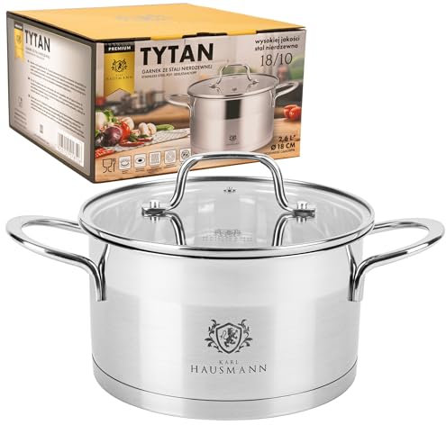 KARL HAUSMANN Pentola in acciaio inox a induzione, 2,6 l, diametro 18 cm, adatta a tutti i piani cottura, pentola in acciaio inox 18/10 con coperchio, pentola per zuppa, pentola per spaghetti, pentola
