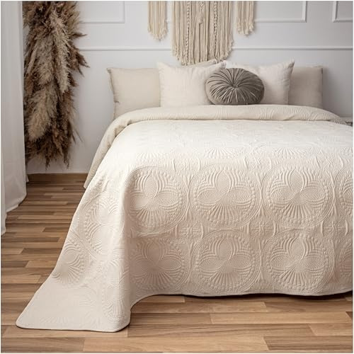 CalmyHOME Tagesdecke 170x220 Bettüberwurf Tagesdecken - Überwurf Mandala Sofaüberwurf Steppdecke Sofa Decke Bett Überwurfdecke Tages Decken Betthusse XXL Überdecke Gesteppte (Creme)