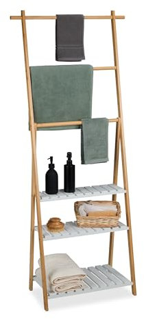 Relaxdays Piantana Portasciugamani Bagno, 3 Aste e Ripiani Porta Asciugamani, 151x64,5x32 cm, MDF bambù, Naturale Bianco, Fibra di Legno