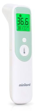 Miniland - Thermosense Plus, Termometro Digitale 3 in 1 (Fronte + Orecchio + Liquidi), Misurazione Precisa in 1 Secondo, Termometro per Bambini con Rilevamento Automatico, Indicatore di Febbre, 40 Mem
