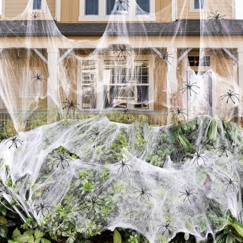 Piucrty Ragnatele Finte Decorazioni Halloween Casa Allestimento 300g Ragnatela con 50 Ragni Addobbi Cose di Decori Festoni Oggetti Halloween Party Interno Esterno Garza Bianca Ragnetti Giardino