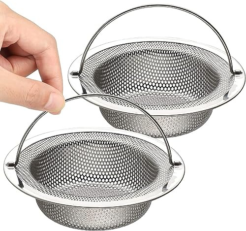 3 Pcs Kitchen Sink Strainer Stainless Steel Sink Drain Strainer Anti-Clogging Sink Sieve with Handle Food Catcher Basket, Dia 7.5cm, Outer Rim 11cm
