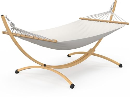 IDMarket - Hamac XL avec Support métal Effet Bois et Toile écrue