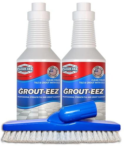 Clean-eez Grout Cleaner 2 Pack with Stand-Up Brush Attachment - Stain Remover Heavy-Duty Scrubber - Bathroom Shower Ceramic Porcelain Tile & Grout Only - Easy Control Flip Top Cap - 32 oz.