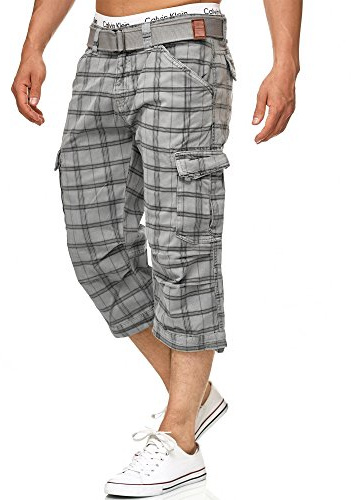 Indicode Herren Nicolas Check 3/4 Cargo-Shorts inkl. Gürtel | Herrenshorts aus Baumwolle Lt Grey Check, 3XL