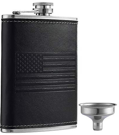 YWQ Stainless Steel American Flag Flask, Soft Touch Cover Liquor Flasks 8oz | Leak Proof Black PU Leather Heavy Duty Hip Set, Includes Funnel