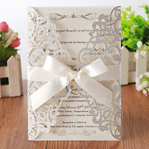 Hosmsua 20x Biglietti d'invito in pizzo floreale con taglio laser argento e busta per inviti di nozze, festa di fidanzamento, compleanno, baby shower (glitter argento)