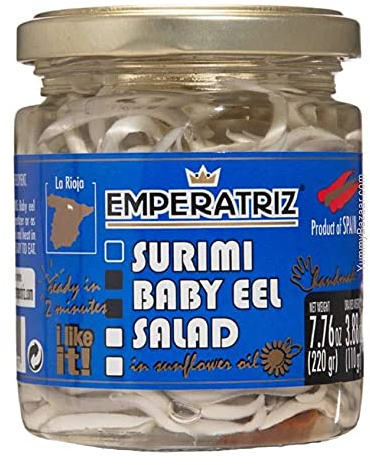 Emperatriz | Surimi Baby Eel Shaped in Vegetable Oil | weight: 7.76oz/220grs | drained: 3.88oz/110grs | Pack of 1