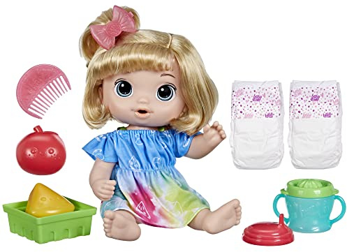 Baby Alive Fruity Sips Doll, Apple, Toys for 3 Year Old Girls, 12-inch Baby Doll Set, Drinks & Wets, Pretend Juicer, Kids 3 and Up, Blonde Hair