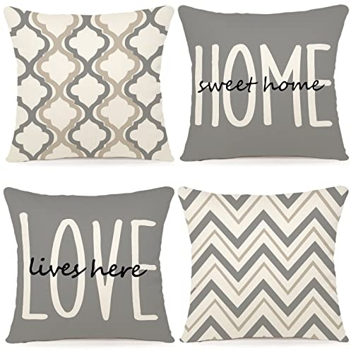 YCOLL Funda Cojin 45x45 Juego de 4 Cojines Sofa Fundas Cojines de Lino Patrón Geométrico Fundas de Cojines Decorativos para Sofa para Sala de Estar Jardín Coche Fundas para Cojines 45x45 Gris Claro