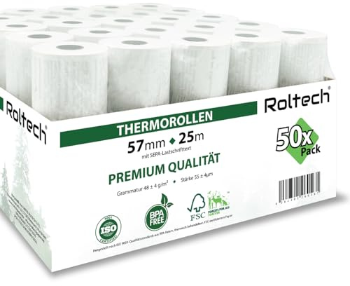 ROLTECH | 50 termopappersrullar | 57 mm x 25 m x 12 mm | med SEPA-texttext | BPA-fri | EC Cash | kassarullar | termopapper | kvittorullar | premiumkvalitet (50)