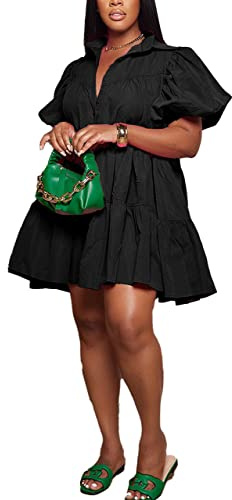 WOKANSE Women's Cute Babydoll Dresses Casual Puff Short Sleeve Ruffle Hem V Neck Loose Summer Tunic Mini Dress Black L