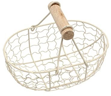 Panier en Fil Métallique avec Poignées en Bois Panier de Rangement pour œufs de Poulet de Ferme Style Campagnard Vintage Paniers à Fruits en Métal pour la Maison, la Cuisine, le Mariage(Blanc)