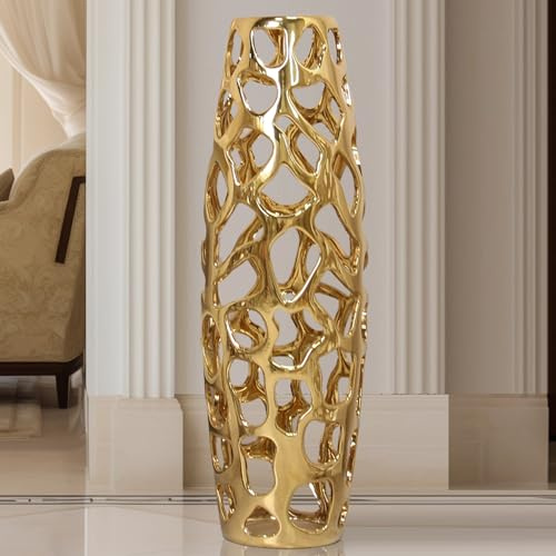 ARSTRIA Ceramic Vase Large Floor Vase Handmade Ceramic Flower Holder Hand Carved Sophisticated Vessel for Decorative Branches and Dried Flowers 24 Inches Gold