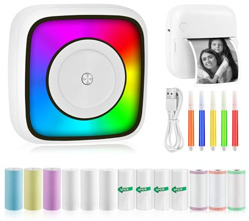 GuKKK Mini Drucker, Mobiler Fotodrucker, Tragbarer Mini Fotodrucker mit Sieben Farben LED, Wireless Thermodrucker, Smartphone Bluetooth Drucker, für Lernhilfe,Lernnotizen,Journal (Farbe)