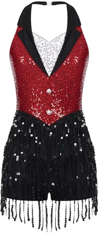 YiZYiF Women's Tuxedo Jazz Dance Costume Sequins Tassels Leotard Jumpsuit Halter Latin Ballroom Dance Costume