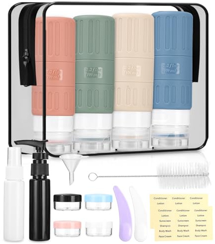 16 Pezzi Bottiglie da Viaggio in Silicone, Bisfenolo A libero,Kit da Contenitori 100ml,Riutilizzabile,Set di flaconi da viaggio,Accessori viaggio per shampoo per lozione balsamo, gel doccia