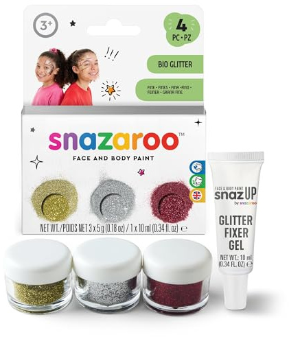 Snazaroo 1172243 Organic Glitter fint i ett set, 3 färger: guld, silver, röd, 10ml fixeringsgel, skonsam mot huden, lätt att ta bort, miljövänlig