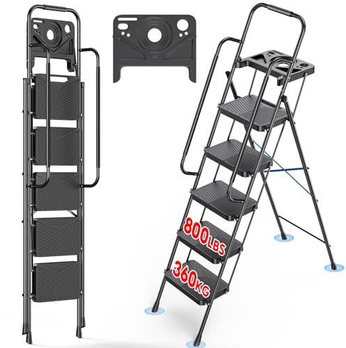 AHOMSEL Leiter 5 Stufen mit Werkzeugplattform, trittleiter 5 Stufen klappbar mit Handläufen, stabile Stahlleiter mit breitem Pedal, stehleiter für Erwachsene Malerei Haus