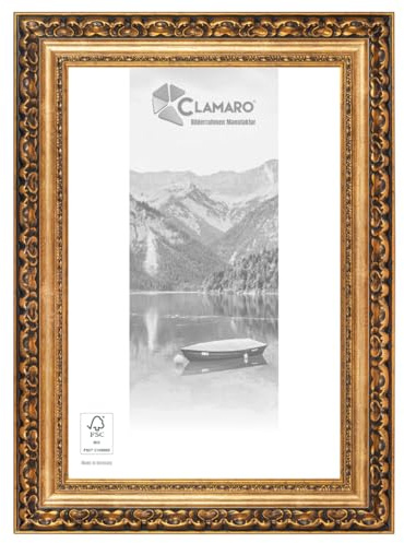 CLAMARO Bildram Otto antik barock, massivt trä, guld antik, 45 x 50 cm | Profilstång 80 mm bred, gran massivt trä, akrylglas, HDF-bakvägg, metallhängare, handgjord, tillverkad i Tyskland, stabil