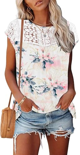 WNEEDU Maglietta Donna Manica Corta Estiva Camicia Pizzo Elegante Blusa | Gola rotonda t shirt