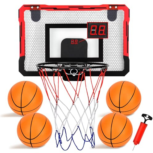 Pangutiandi Canasta Baloncesto Infantil, Mini Canasta de Baloncesto Interior con 4 Bolas y Marcador electrónico, Juego de Juguetes Deportivos para niños de 3 a 12 años