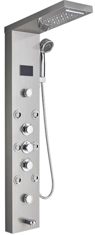 Harnart Bathroom Brushed Shower Panel Tower System Stainless Steel LED 5 Functions with Temperature Display Shower Screen Rain Waterfall Shower Handle and 6 Body Jets with Bathtub Spout