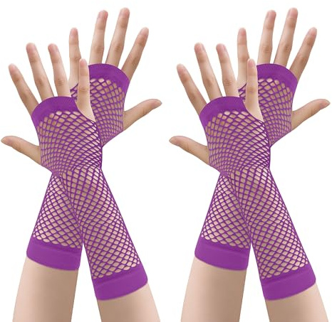 JUNART 2 Pairs of Long Fishnet Gloves, 4 Colours Stretchy Fingerless Mesh Gloves for Theme Parties,Performances,Cosplay,Costume Accessories(Purple)