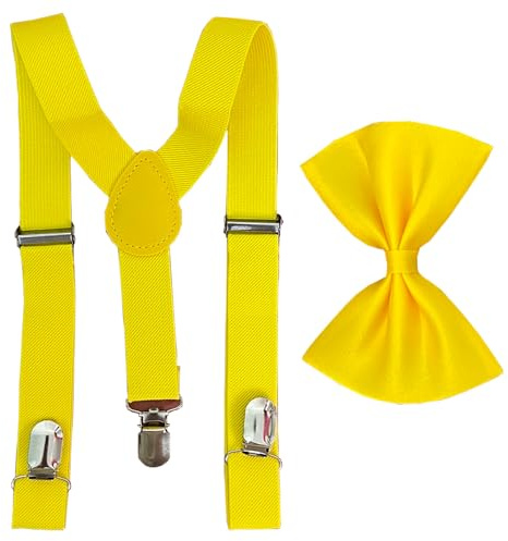 Set di papillon per ragazzi con bretelle elastiche a Y con clip forti per bambini, bretelle regolabili per bambini dai 1 ai 14 anni, Set giallo, Taglia unica