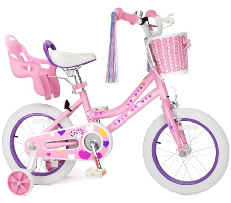 XJD Girls Bike for Toddlers 3-9 Years Old Kids, 12 14 16 Inch Kids Bike with Training Wheels, Streamers, Basket and Doll Seat