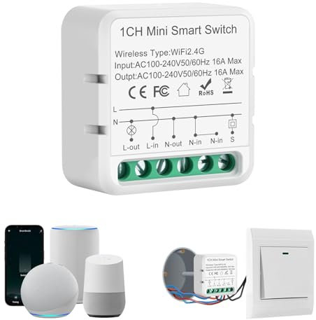 Alexa Lichtschalter Smart Life, 2.4G Wlan Schalter Module, Mini Smart Switch Kompatibel mit Sprachassistent Alexa, Smart Life, Tuya, Eingebauter Lichtschalter, Neutralleiter Erforderlich, 1 Weg