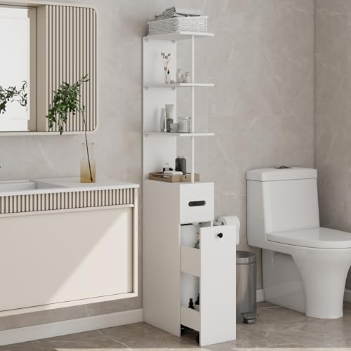 YU YUSING Mueble de Baño Estrecho de 23cm con 2 Cajones 4 Ruedas, Armario Alto Independiente con 3 Niveles Abiertos 167cm, Columna de Baño Blanco, Moderno para Salón Aseo Dormitorio