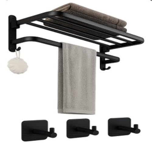 P&C HOGAR Toallero Baño Adhesivo sin Taladro con Estantes y 4 Ganchos - Acero Inoxidable Negreo Mate - Resistente al Agua - Organizador para Toallas y Accesorios,