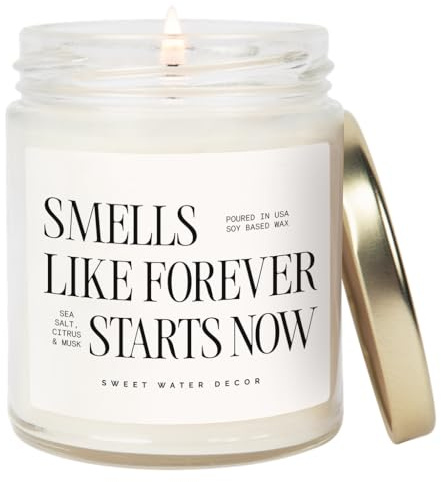 Sweet Water Decor Smells Like Forever Starts Now Candle, Wedding Candle, 9oz Jar with Gold Lid, Sea Salt Citrus Musk Amber Scent, Non-Toxic Soy Wax, Engagement Gift for Bride, Bridal Shower, Newlyweds