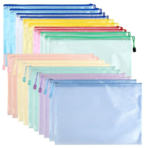 DODUOS 20PCS Bolsas de Documentos A4,Bolsillo con Cremallera para Archivos 10 Colores,Carpeta Fundas Plastico A4,Impermeable Bolsas de Documentos de Malla para Recibos Oficina Viaje 33,5 x 24cm