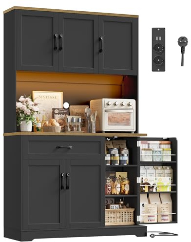 FirFurd Buffet Cuisine avec LED Multiprises Vaisselier Salle à Manger avec 13 Étagères 1 Tiroir Meuble Cuisine Rangement Armoire Haute pour Salon Étagères Réglables 100x38.6x180.5cm