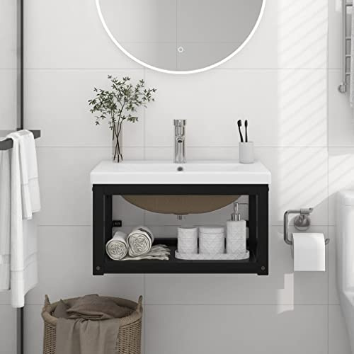SKTQYQO Wall-Mounted Bathroom Washbasin Frame with Built-In Basin Black Iron 4 Pieces Ceramic Sink Vanity Stand Storage Shelf