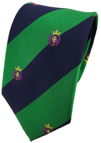 TigerTie Designer Seidenkrawatte in grün blau lila gold gestreift mit Wappenmuster