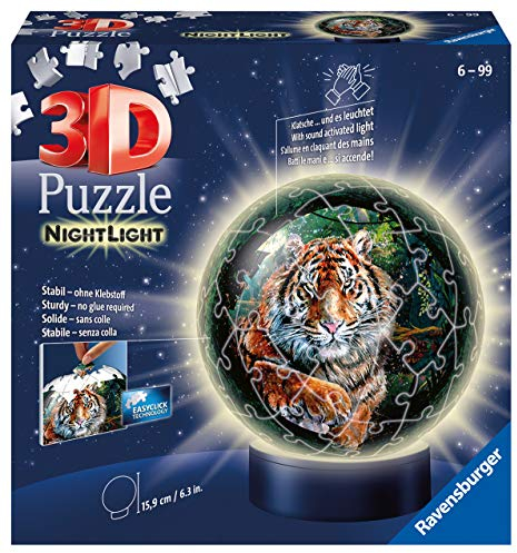 Ravensburger 3D Puzzle 11248 - Nachtlicht Puzzle-Ball Raubkatzen - ab 6 Jahren, LED Nachttischlampe mit Klatsch-Schalter
