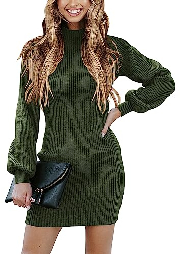 ANRABESS Women Long Sleeve Turtle Mock Neck Rib Knit Stretch Slim Fitted Bodycon Sweater Mini Short Dress 2025 Fall Outfits Army Green Large